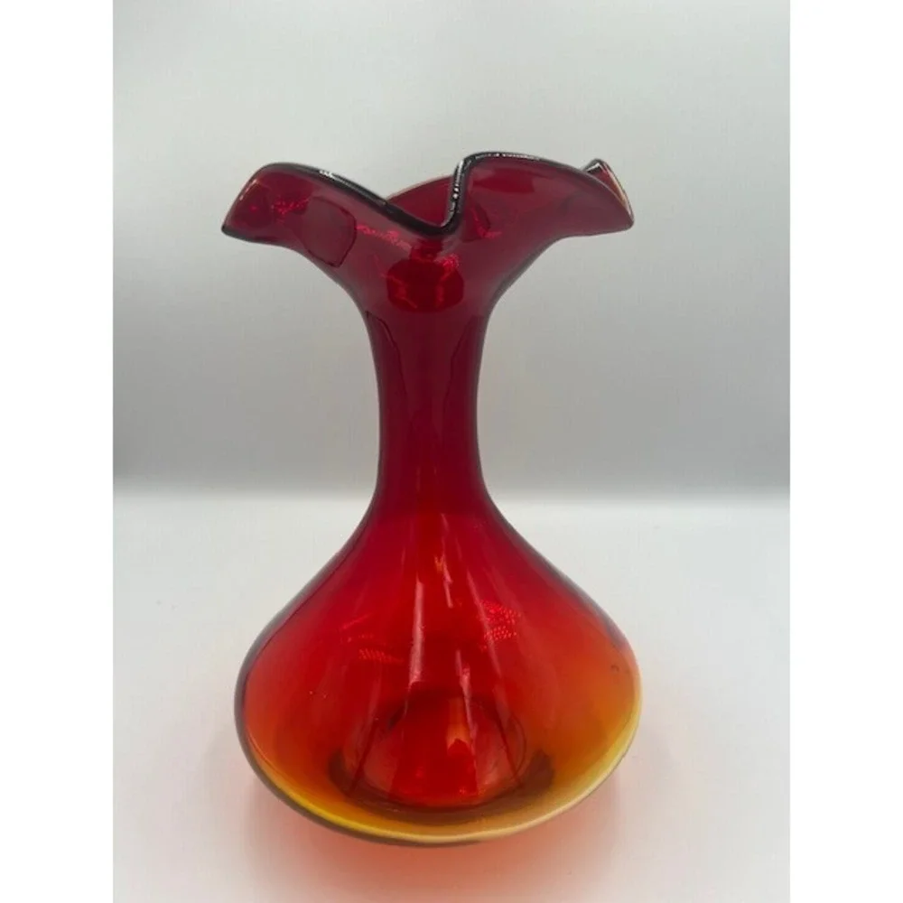 Vintage Amberina MCM Art Glass Ruffled Rim Vase Red Orange Blown Glass 10.5 In